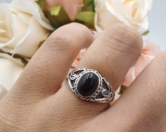 8mm Round Black Onyx Ring Solid 925 Sterling Silver Antique Vintage Style Ball Bead Band Crown Prongs