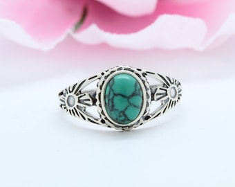 Oxidized Antique Vintage Style Oval Turquoise Ring Solid 925 Sterling Silver Flower Shank