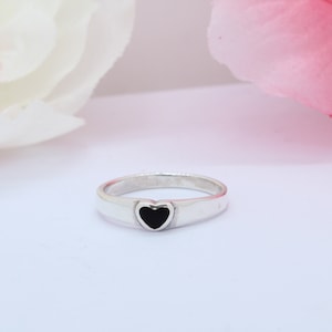 5mm Petite Dainty Heart Black Onyx Band Ring Solid 925 Sterling Silver Solitaire, Promise Ring, Heart Ring, Love Ring, Gift