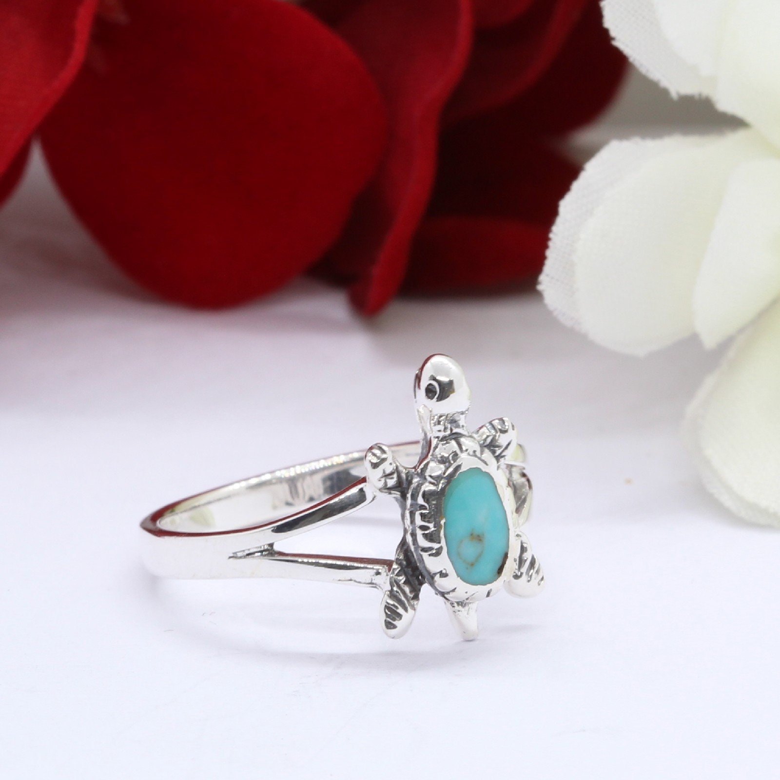 Split Shank Turtle Ring Simulated Turquoise Solid 925 Sterling Silver ...