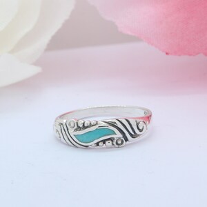 Oxidized Antique Vintage Style Abstract Band Turquoise Ring Solid 925 Sterling Silver 5mm Half Way
