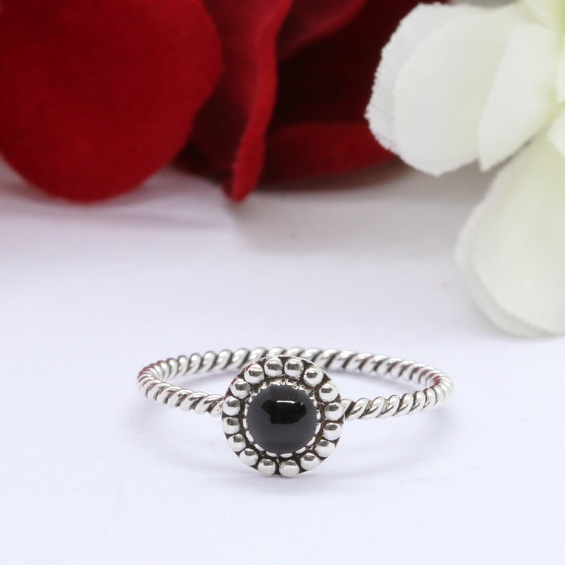 8mm Round Black Onyx Ring Solid 925 Sterling Silver Antique Vintage Style Oxidized Cable Braided Band Flower