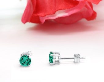 Sterling Silver Emerald Green CZ Stud Earrings: Solitaire May Stone (3mm-10mm)