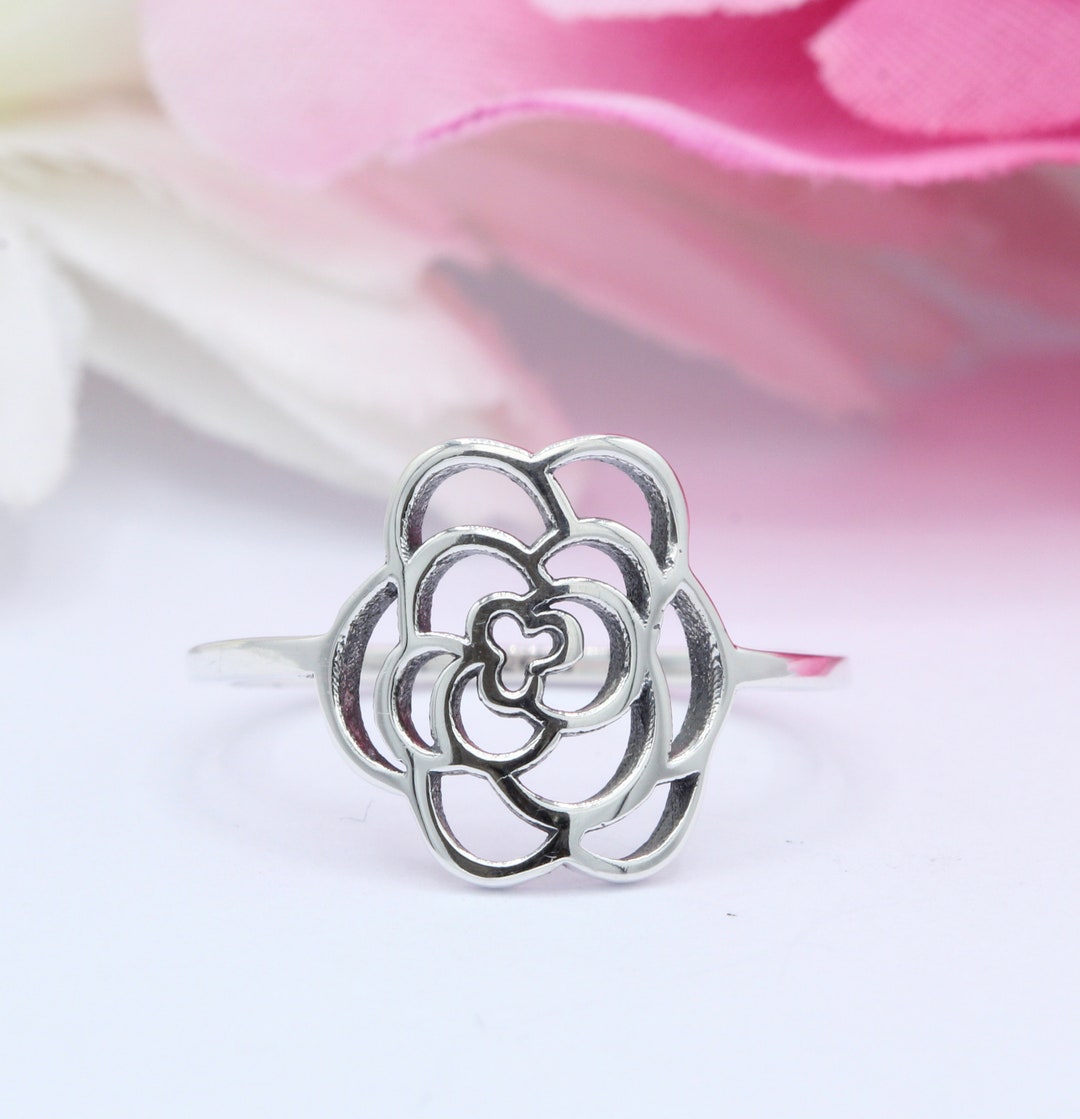 13mm Flower Rose Ring Band 925 Sterling Silver Plain Ring Rose Flower ...