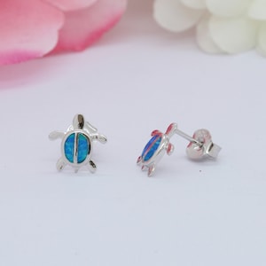 Turtle Earrings Lab Blue Opal Turtle Stud Earrings Solid 925 Sterling Silver Nautical Jewelry Cute Baby Earrings 10mm Small Turtle Jewelry