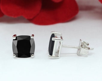 3mm-8mm Cushion Cut Square Black Diamond CZ Stud Earrings Solid 925 Sterling Silver Solitaire Stud Post Earrings Black Stone