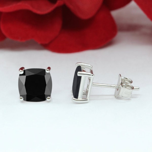 3mm-8mm Cushion Cut Square Black Diamond CZ Stud Earrings Solid 925 Sterling Silver Solitaire Stud Post Earrings Black Stone