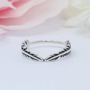 Leaves Fern Midi Thumb Ring V Band Chevron Plain 5mm Solid 925 Sterling Silver Feather Leaves Fern Oxidized Style