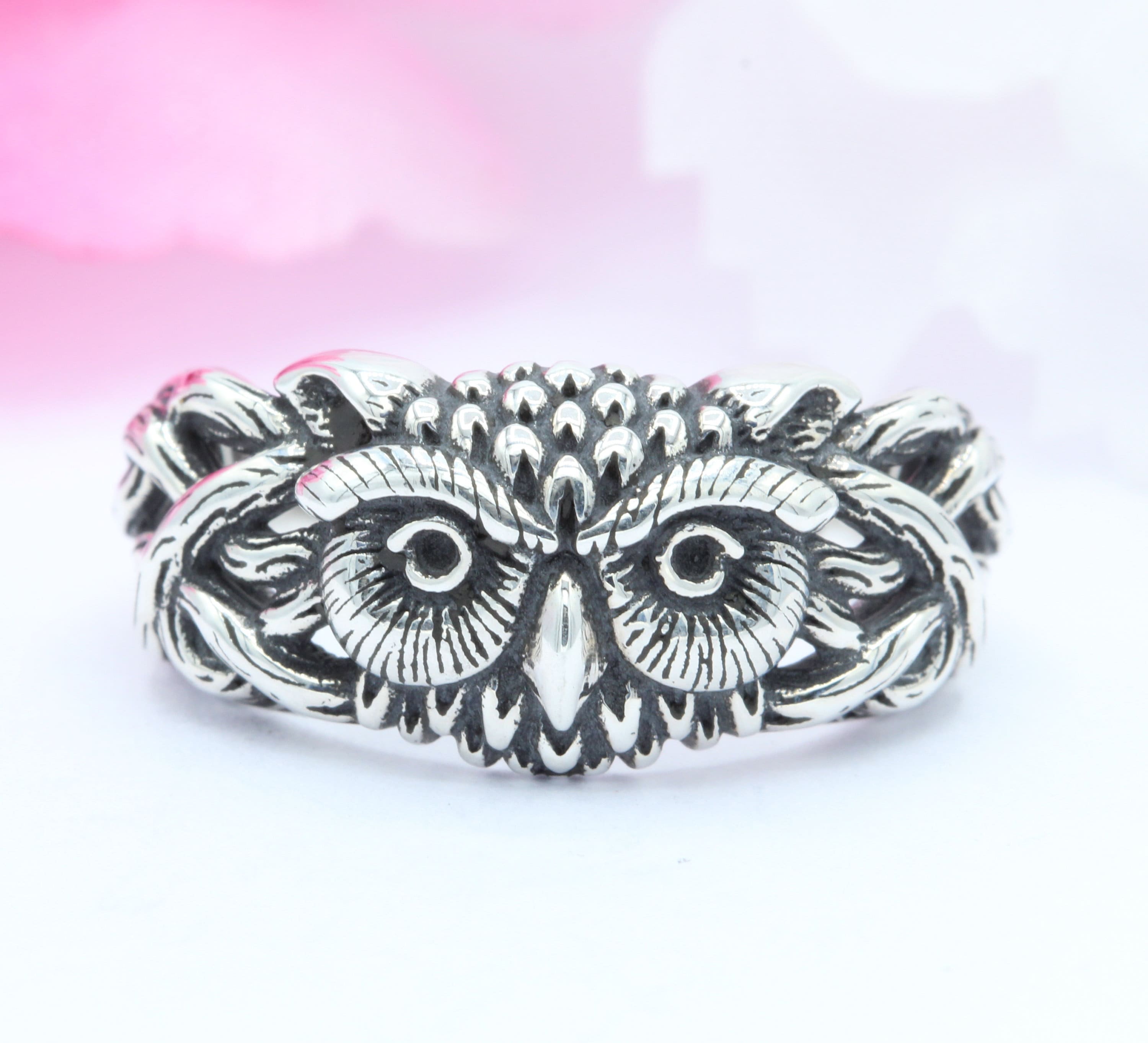 11mm Weave Celtic Owl Ring Band Oxidized Solid 925 Sterling Silver Good Luck Owl Gift Thumb Ring