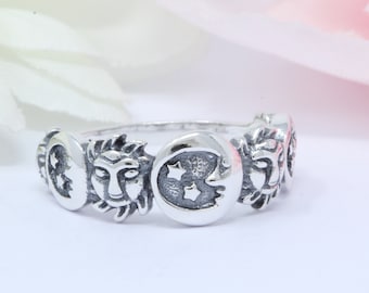 8mm Sun Moon Ring Band Oxidized Solid 925 Sterling Silver Moon Sun Ring