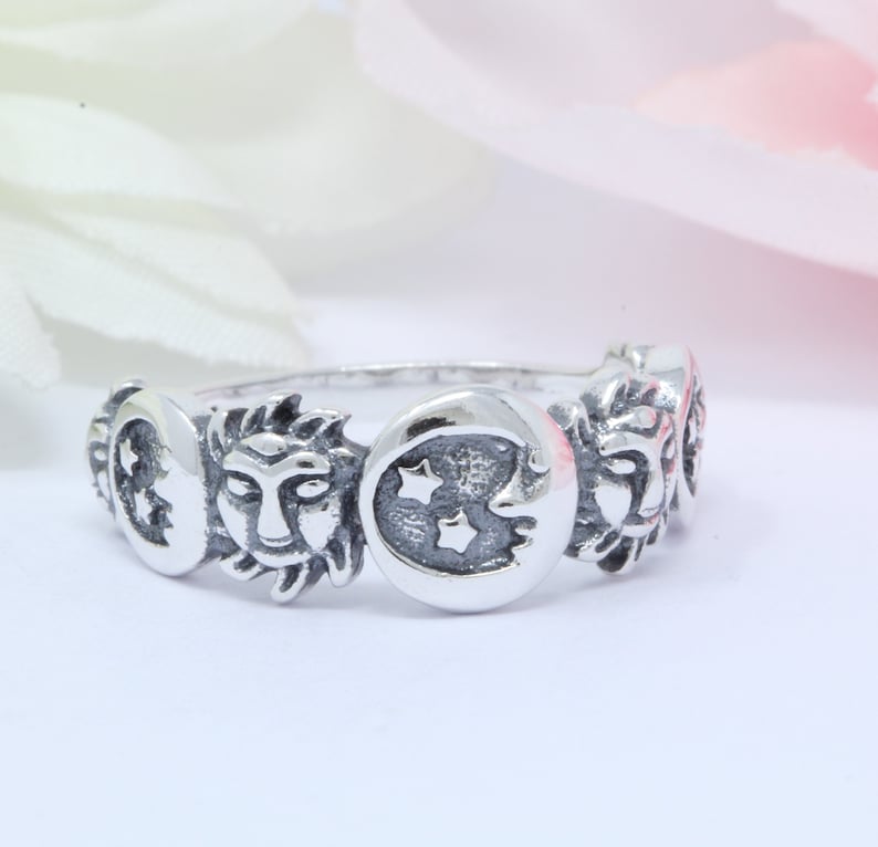 8mm Sun Moon Ring Band Oxidized Solid 925 Sterling Silver Moon Sun Ring ...