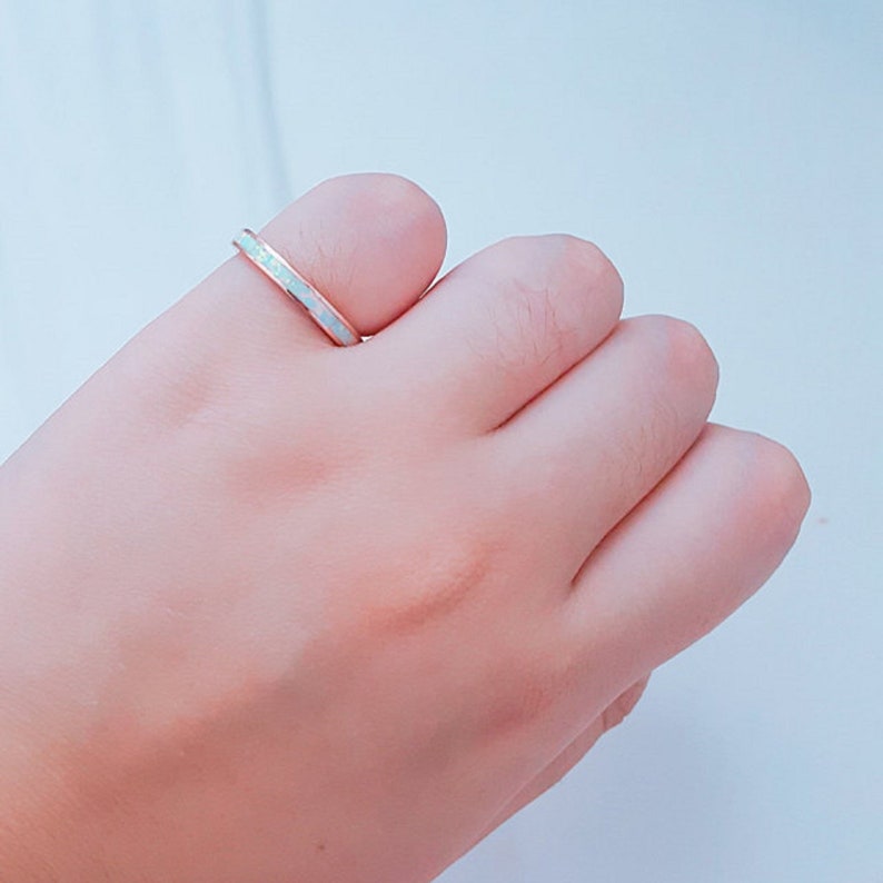 Opal Band 3mm Band Full Eternity Ring Created White Opal Rose Gold Solid 925 Sterling Silver Wedding Band