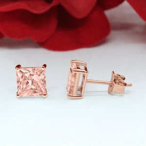 4mm-9mm Princess Cut Square Rose Gold Morganite CZ Stud Earrings Solid 925 Sterling Silver Solitaire Stud Post Earrings Morganite Stud