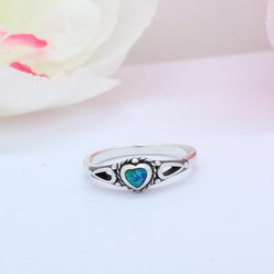 Heart Lab Blue Opal Ring 925 Sterling Silver Promise Ring Heart Ring