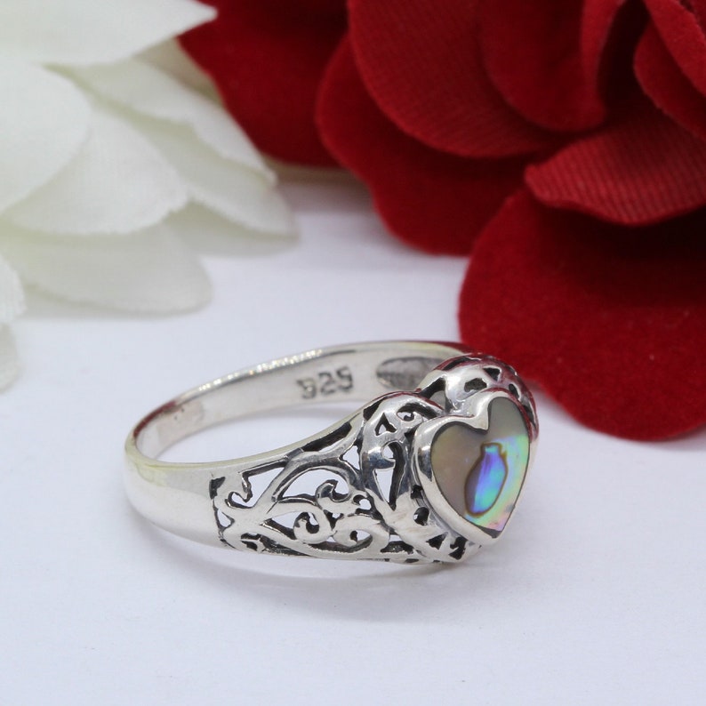 Heart Simulated Abalone Ring Solid 925 Sterling Silver Antique Vintage Style Filigree Heart Filigree