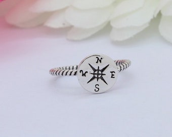 Compass Ring Band Solid 925 Sterling Silver Compass Midi Ring Braided Twisted Cable Band Oxidized