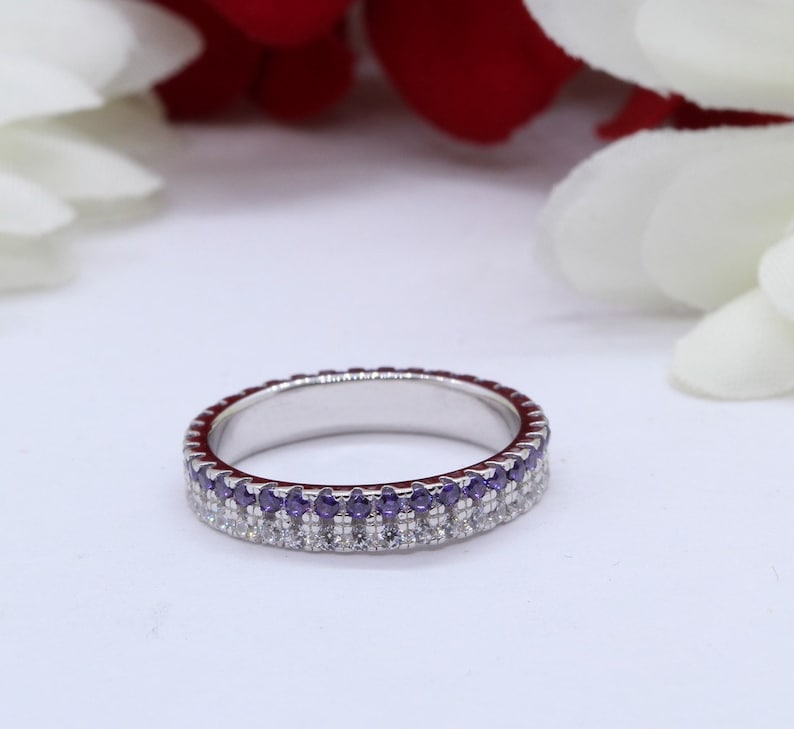 3mm Full Eternity Double Row Round Simulated Amethyst Simulated Diamond Solid 925 Sterling Silver Wedding Band Eternity