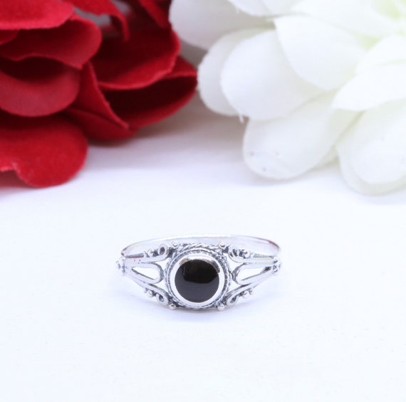 8mm Round Black Onyx Ring Solid 925 Sterling Silver Antique Vintage Style Ball Bead Band Crown Prongs