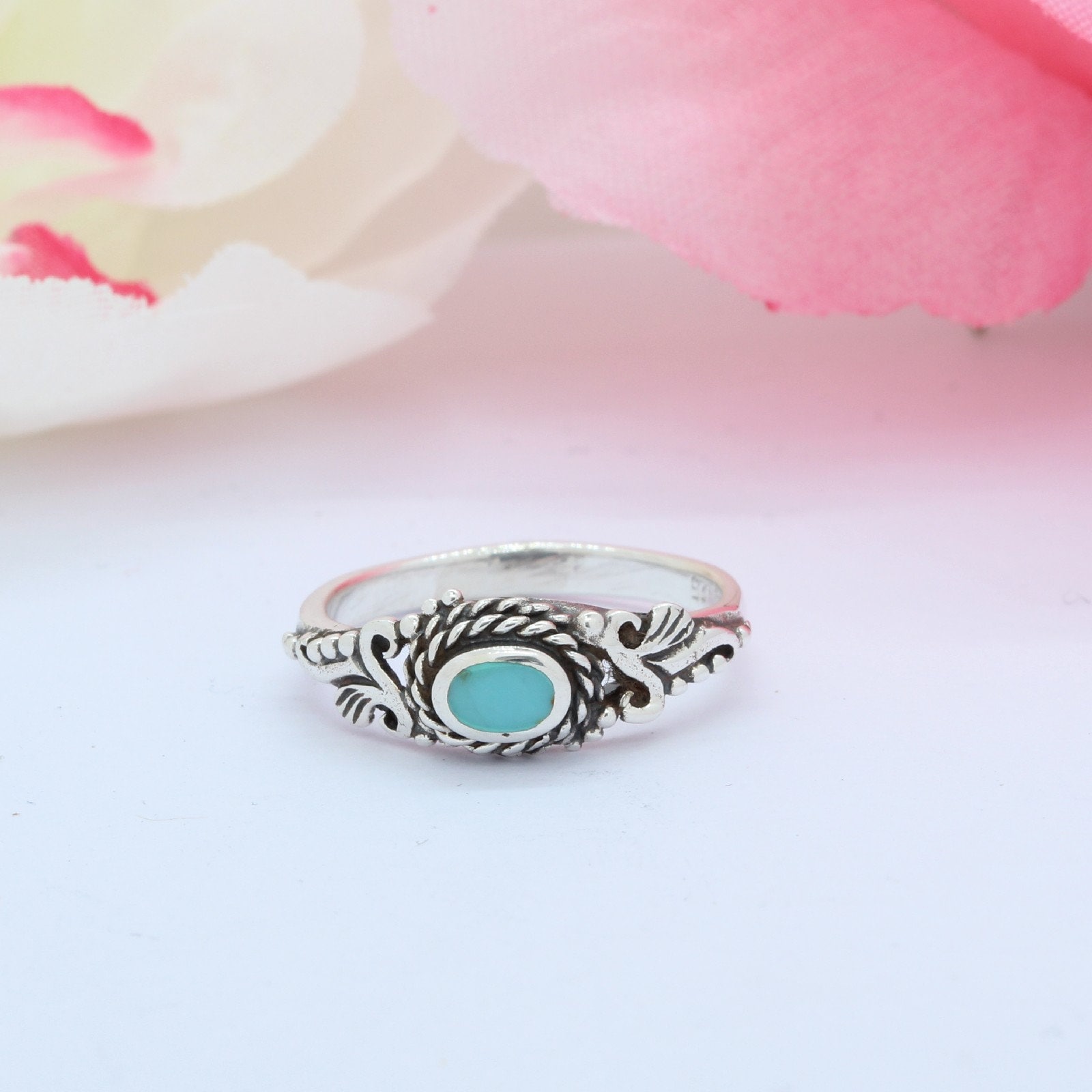 Vintage Antique Style Sideways Oval Turquoise Ring Solid 925 Sterling ...