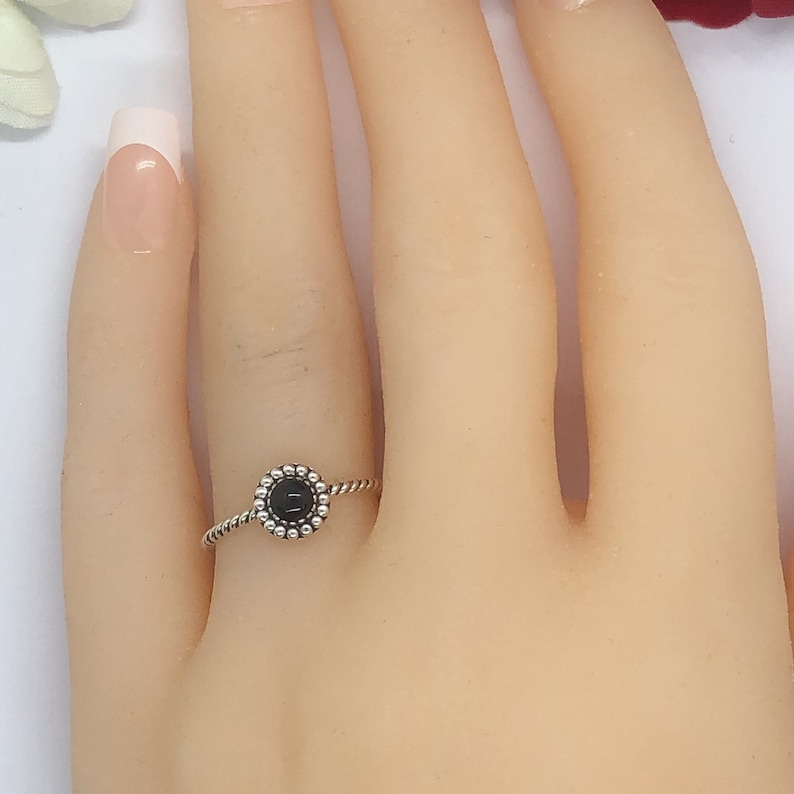 8mm Round Black Onyx Ring Solid 925 Sterling Silver Antique Vintage Style Oxidized Cable Braided Band Flower