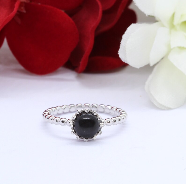 8mm Round Black Onyx Ring Solid 925 Sterling Silver Antique Vintage Style Ball Bead Band Crown Prongs