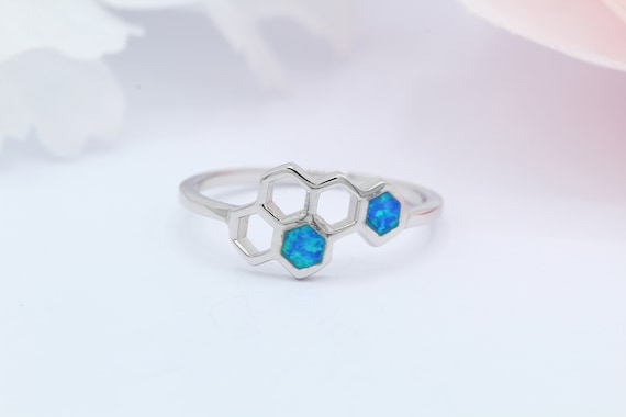 Honeycomb Band Ring Lab White Opal Blue Opal Solid 925 Sterling Silver 9mm Bee Honey Comb Honeycomb