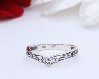 Midi Thumb Ring V Band Chevron Plain 5mm Solid 925 Sterling Silver Heart Filigree Oxidized Style