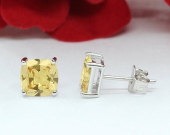3mm-8mm Cushion Cut Canary Yellow CZ Stud Earrings Solid 925 Sterling Silver Solitaire Stud Post Earrings Fancy Yellow Stone