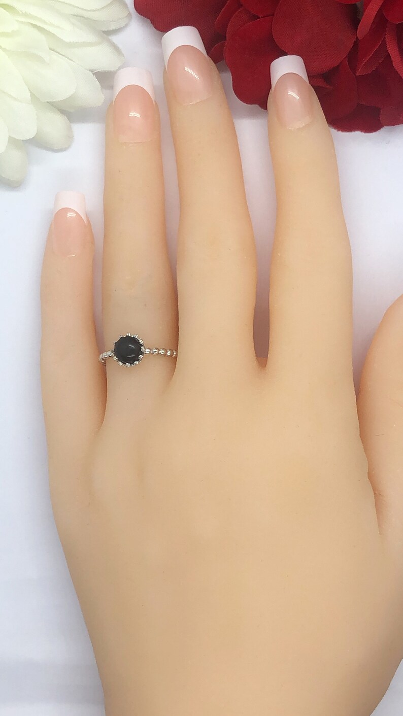 8mm Round Black Onyx Ring Solid 925 Sterling Silver Antique Vintage Style Ball Bead Band Crown Prongs