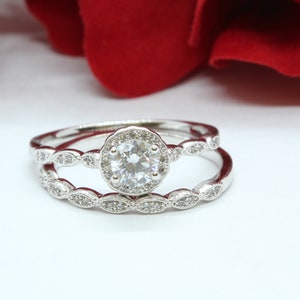 Halo Art Deco Two Piece Wedding Engagement Ring Band 0.50 Carat Round Simulated Diamond Solid 925 Sterling Silver