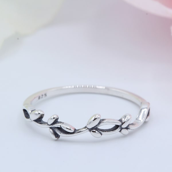 4.5mm Vine Simple Plain Leaves Ring Band Thumb Ring Solid 925 Sterling Silver Oxidized Leaf Vine