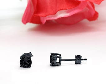 3mm-10mm Round Black Gold Solid 925 Sterling Silver Solitaire Stud Post Earrings Round Black Diamond CZ