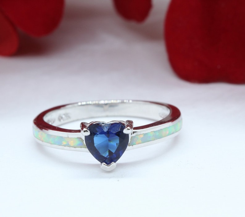 USA Seller Hearts Ring Sterling Silver 925 Jewelry White Lab Opal Blue Sapphire