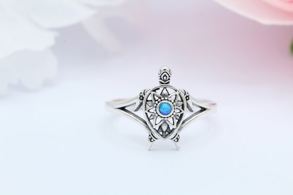 Filigree Turtle Ring Lab White Opal Solid 925 Sterling Silver 13mm Lab Blue Opal Turtle Oxidized Split Shank