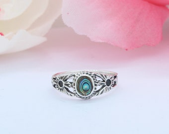 Oxidized Antique Vintage Style Oval Abalone Ring Solid 925 Sterling Silver Flower Shank