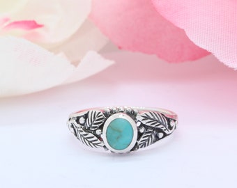 Oxidized Antique Vintage Leaf Style Oval Turquoise Ring Solid 925 Sterling Silver Flower Shank