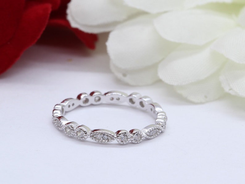 2mm Full Eternity Marquise Round Art Deco Engagement Wedding Band Ring Round Simulated Diamond Solid 925 Sterling Silver Art Deco