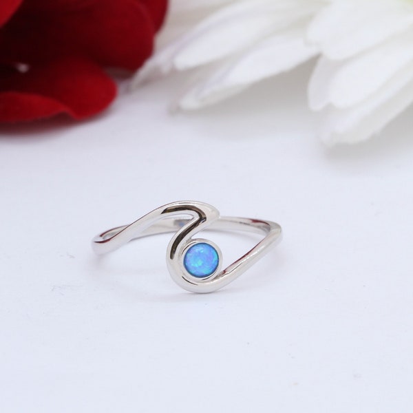 Petite Dainty Small Wave Band Ring Ocean Summer Wave Ring Lab Blue Opal Solid 925 Sterling Silver 10mm Thumb Ring Choose Color