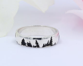 5mm Band Forest Trees Band Ring Solid 925 Sterling Silver  Fashion Ring Oxidized Minimalist Trendy Petite Dainty Thumb Ring