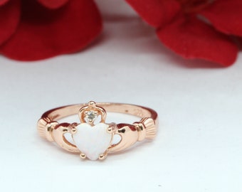 Rose Gold Claddagh Ring Irish Promise Ring Heart White Opal Round Simulated Diamond Solid 925 STerling Silver