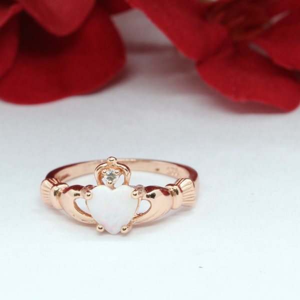 Rose Gold Claddagh Ring: Heart Opal, Simulated Diamond, Sterling Silver