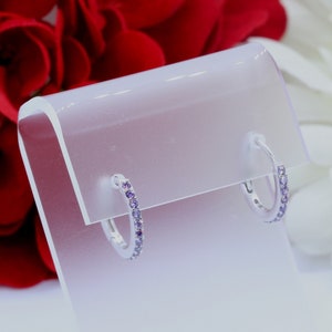 May include: A pair of silver hoop earrings with a row of small purple gemstones around the edge.