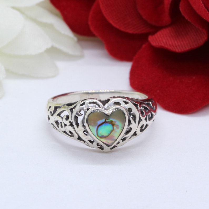 Heart Simulated Abalone Ring Solid 925 Sterling Silver Antique Vintage Style Filigree Heart Filigree