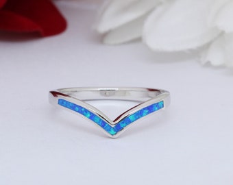 Princess Kylie Blue Synthetic Opal V Shape Band Ring Sterling Silver Princess Kylie Blue Synthetic Opal V Shape Band Ring Sterling Silver