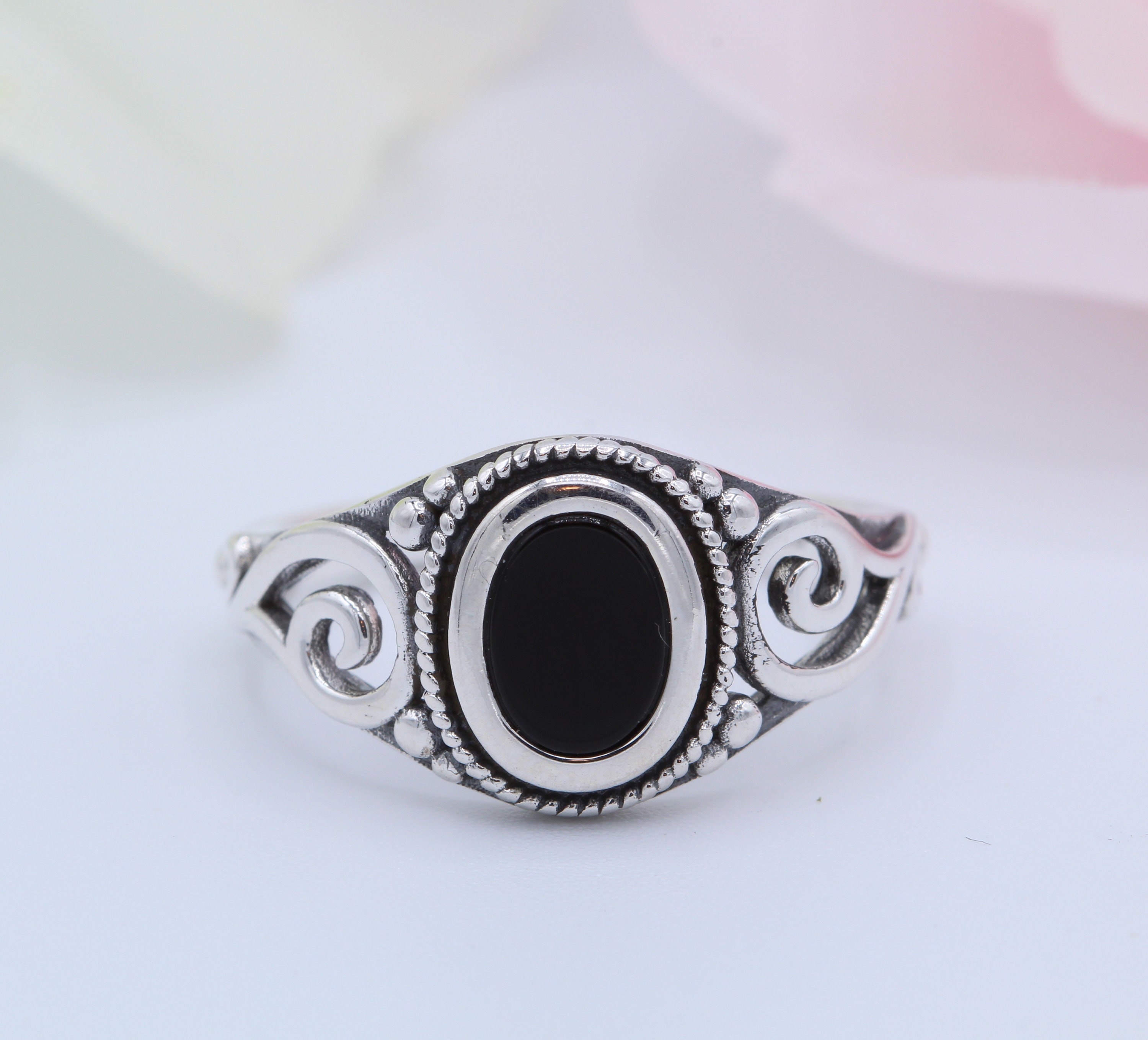 8mm Oval Black Onyx Ring Solid 925 Sterling Silver Filigree | Etsy