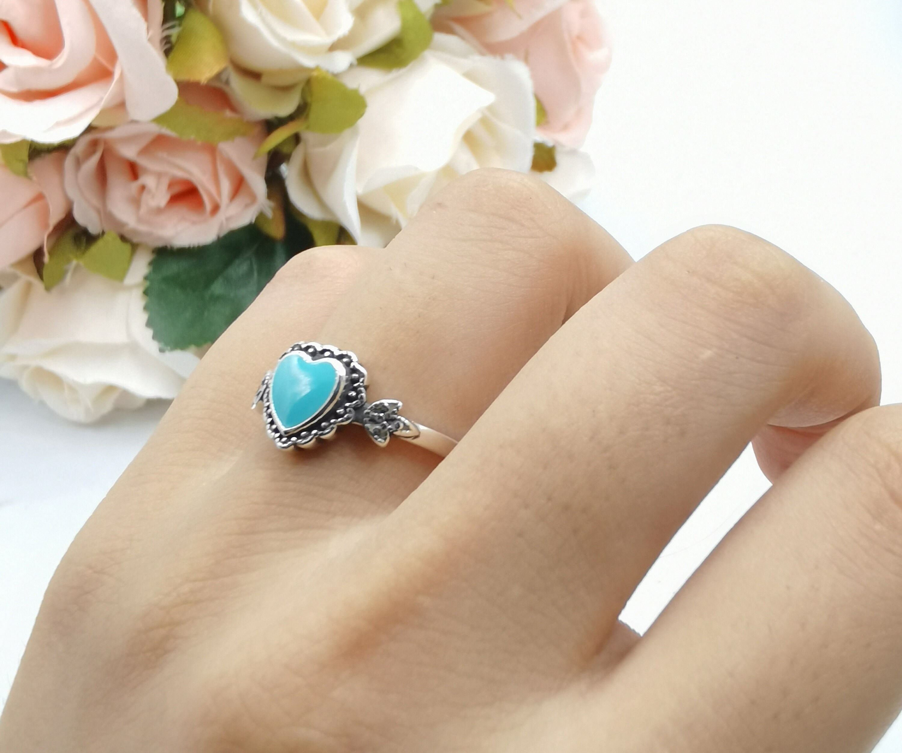 Heart Turquoise Ring Solid 925 Sterling Silver Solitaire Etsy
