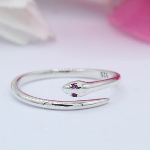 May include: A silver snake ring with two small pink gemstones for eyes.