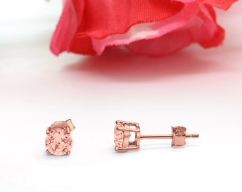 Morganite CZ Sterling Silver Stud Earrings, Rose Gold (4mm-6mm)