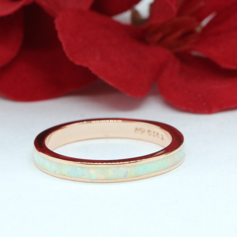 Opal Band 3mm Band Full Eternity Ring Created White Opal Rose Gold Solid 925 Sterling Silver Wedding Band