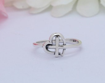 Oxidized Sterling Silver Heart Cross Ring - 925 Midi Band